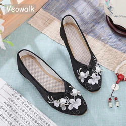 Veowalk Pearls Knot Women Satin Fabric Slip On Ballet Flats Comfortable Soft Chinese Embroidered Walking Shoes Black Beige
