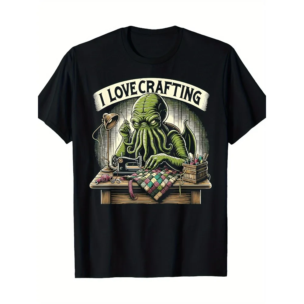 Vintage Cthulhu I Love Crafting Sewing Print T-shirt Unisex Horror Monster Quilting Oversized Cotton Casual Short Sleeve Tops