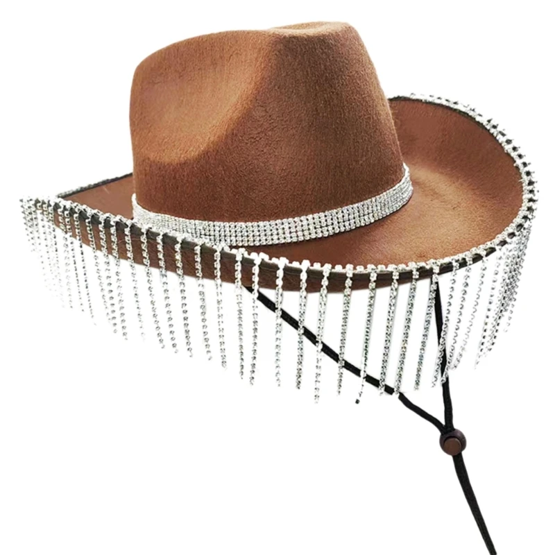 Cowgirl Hat Rhinestones Fringe Glitter Hats for Halloween Dress Up Cosplays Party Costume Accessories