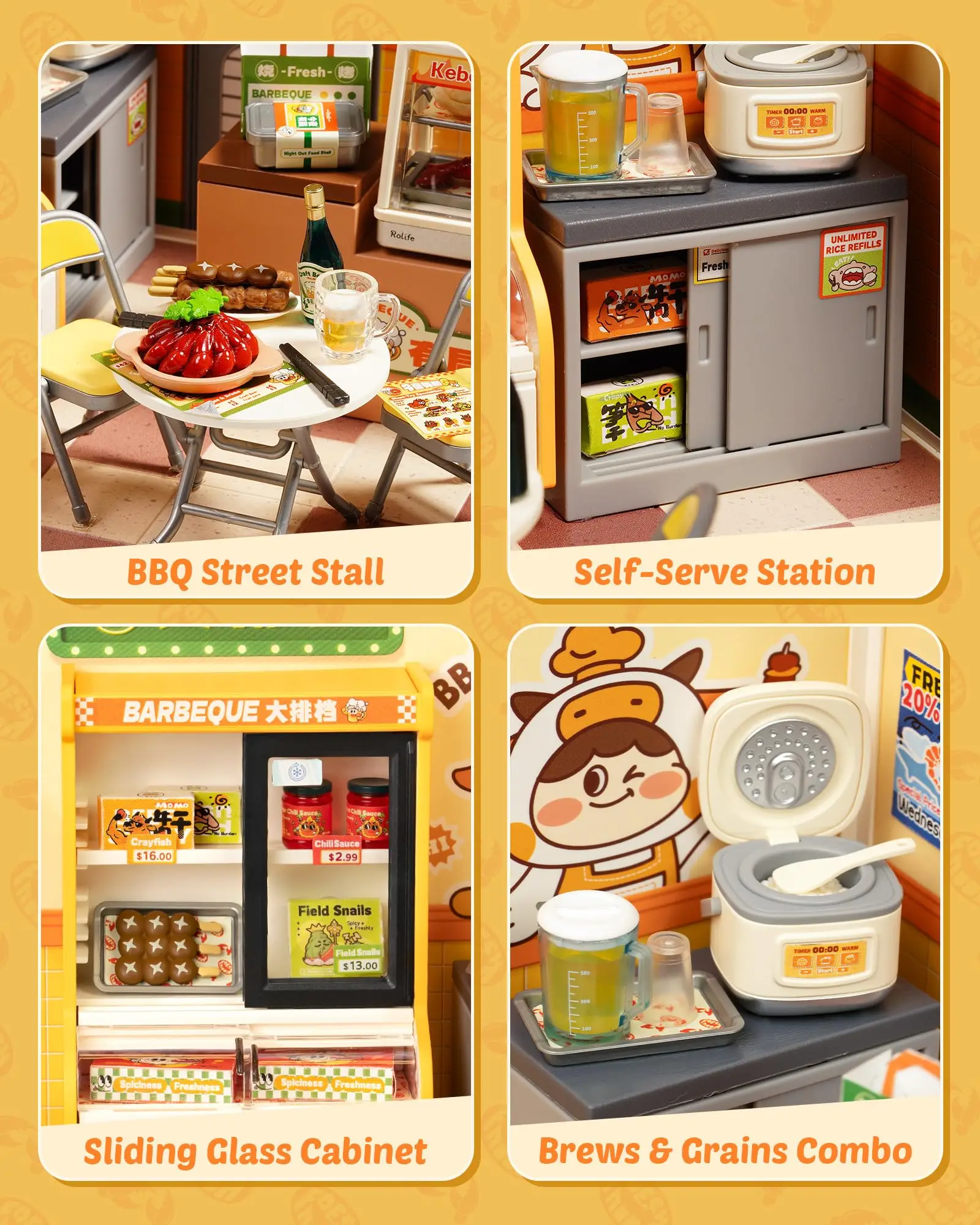 Rolife Night Out Food Stall DIY Modern Miniature House Themed Restaurant Assembly Model Kit For Model Enthusiasts Kids Adults