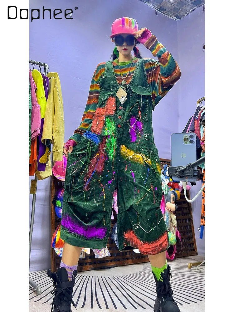 

2026 Spring New European Style Women's Clothing Hand-painted Graffiti Print Fashionable Overalls Pants with Calf-length