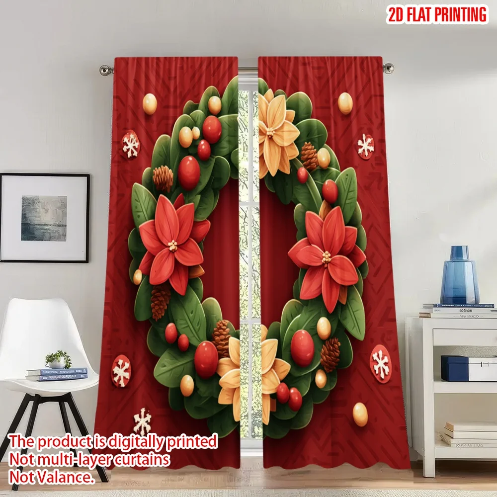

2pcs 2D flat printing Happy Christmas fashion curtains Christmas Wreath Ornaments Digital Printed Polyester Drapes Party &