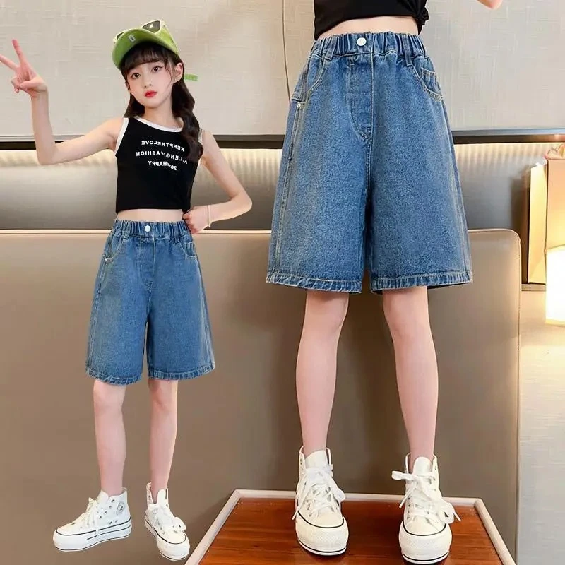 

Girls Jeans Shorts Summer Kids Thin Cool Pants Children's Casual Knee Length Jeans New Teenager Fashion Girls Clothes 10 12 Year