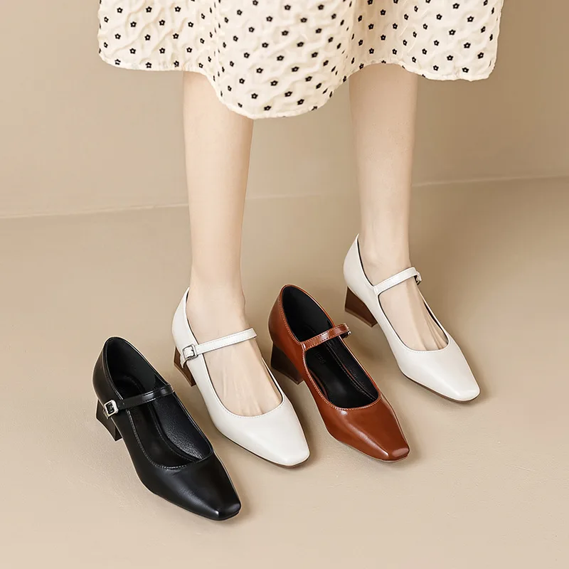 Simple all-in-one French pointy high heels women's line with French chunky shoes vintage Mary Jane women's shoes