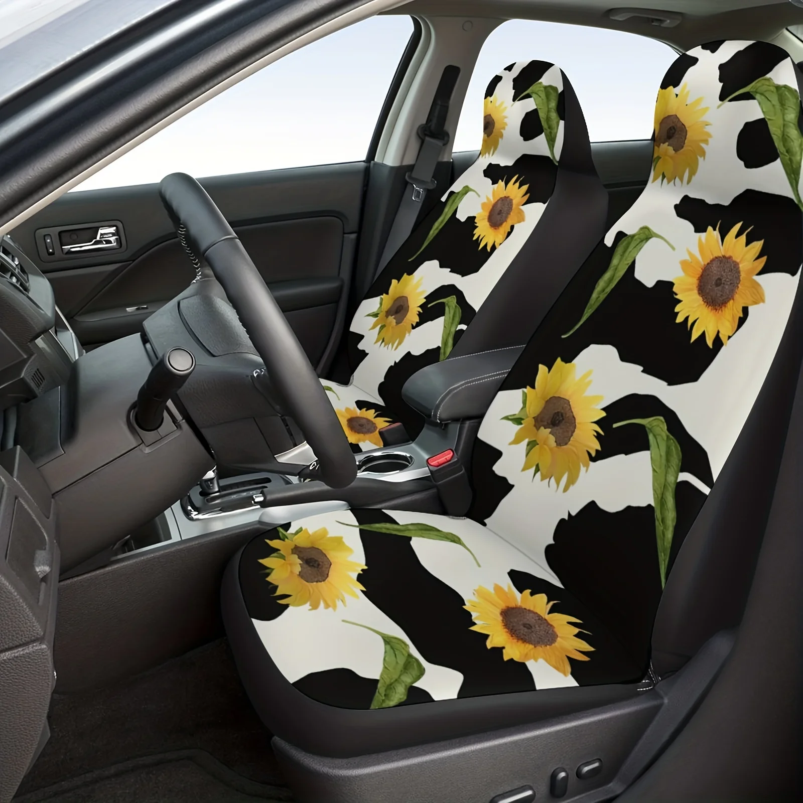 

2pcs Fit Sunflower & Cow Print Car Seat Covers For Front Passenger And Driver - Heavy-Duty Digital Print, Machine Washable, No-F