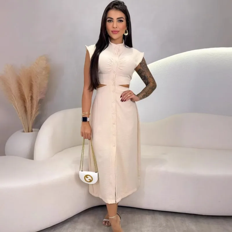 Vestidos largos sexis de verano con cintura calada Woneb 2025, moda nueva sin mangas, vestido camisero con abertura alta, vestido de fiesta elegante para oficina