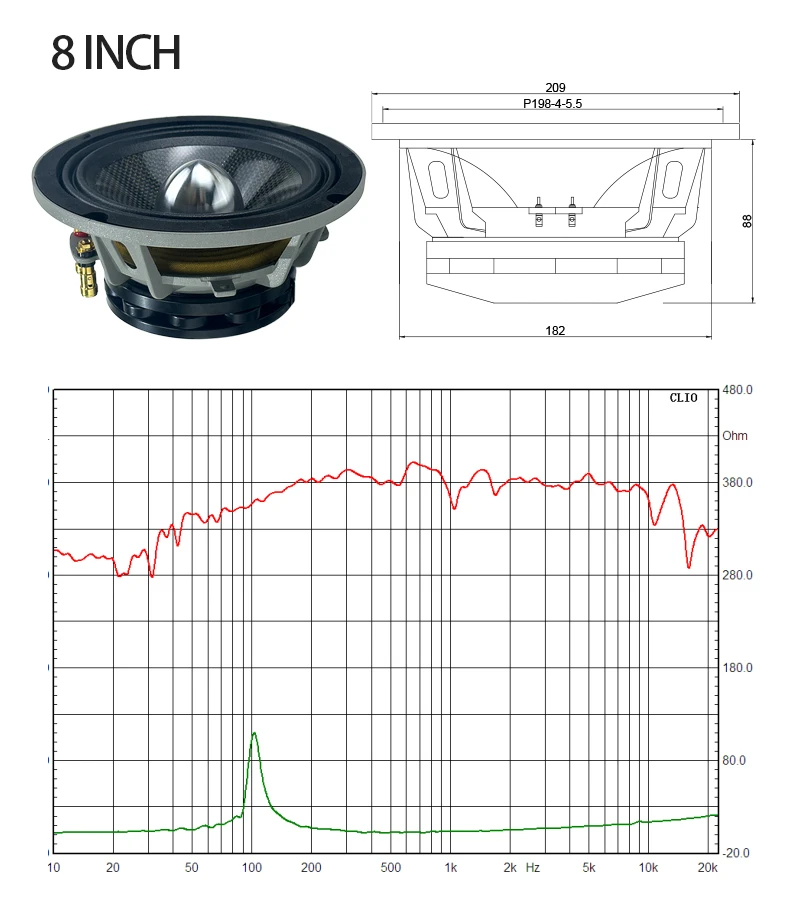 Aluminium 96DB RMS 250W 8Inch 4ohm/8ohm 65mm Pure Copper Voice Coil Carbon Fiber Cone Neo Beads Midrange Speaker (1pcs speaker)