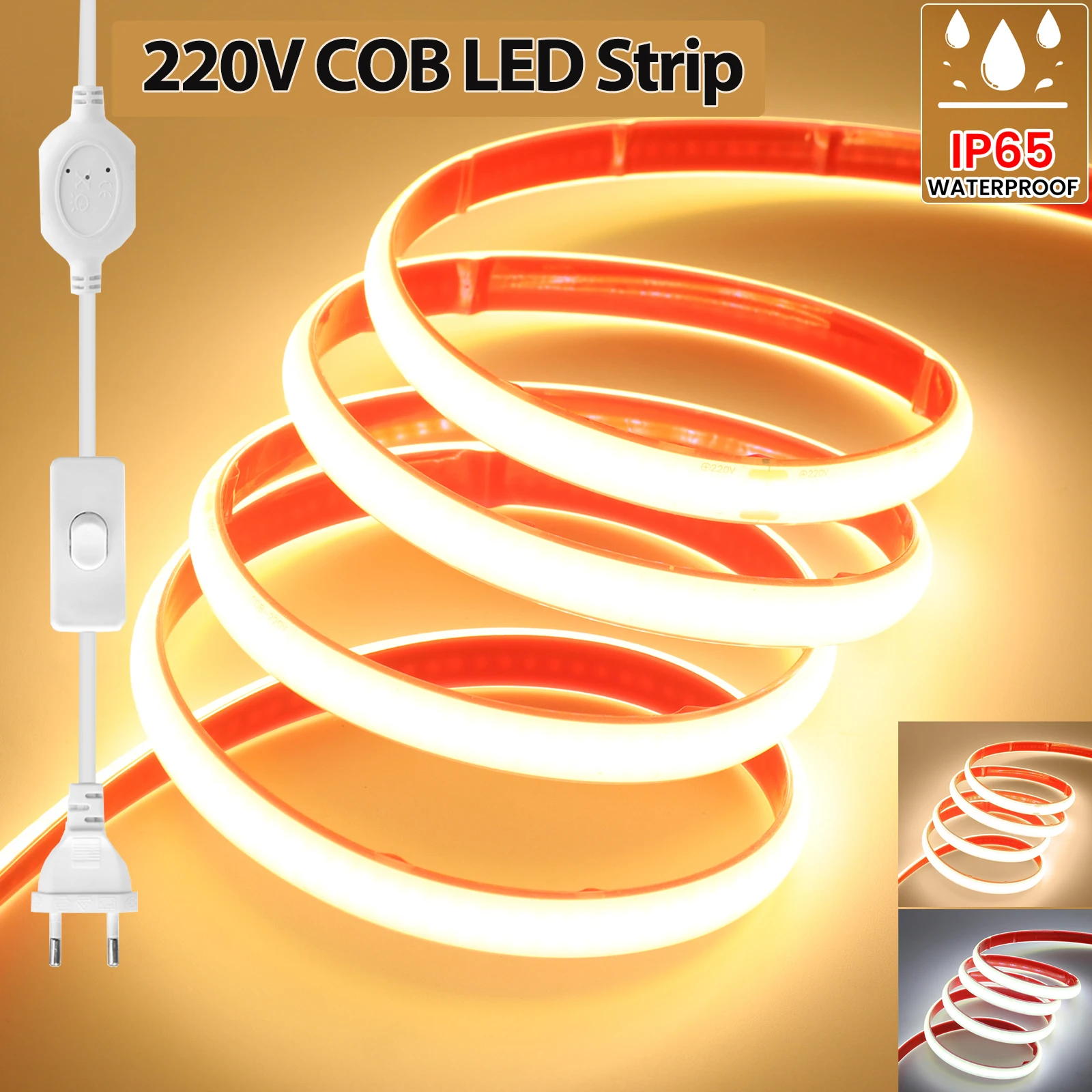 COB LED 스트립 조명, 288LED, 높은 밝기, EU 플러그, 스위치 포함, COB 스트립, 주방 침실, 야외 정원 방수 조명, AC220V