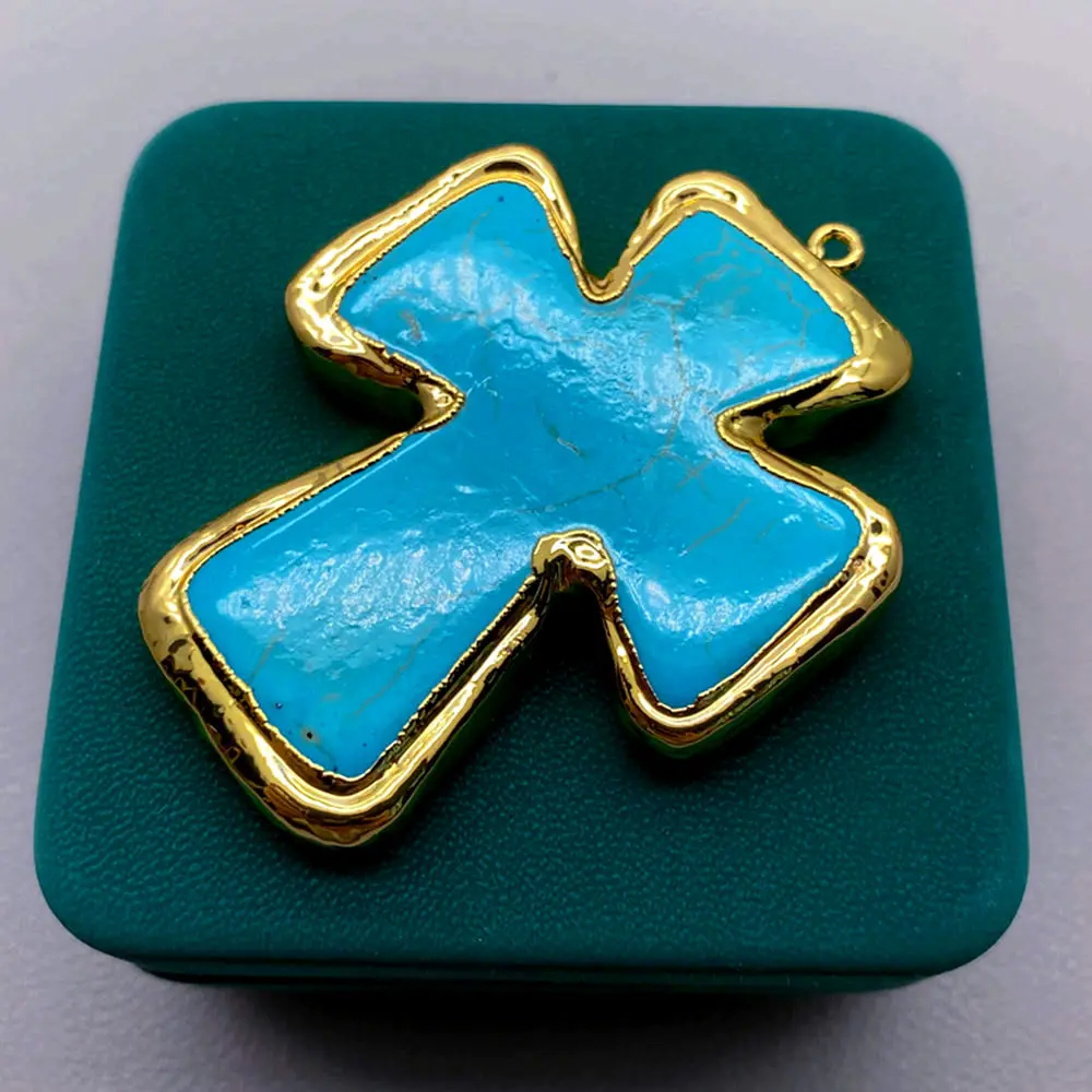 3 Pcs Stone Pendant Blue Turquoise Pendant Crucifix Gold Electroplated Charm Women Fashion Jewelry