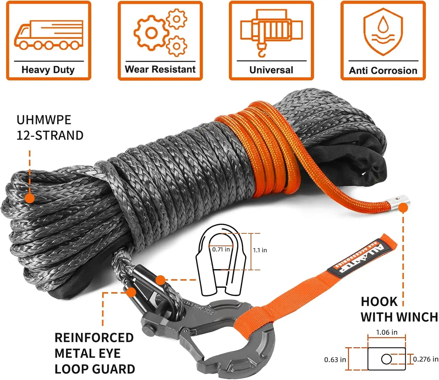 Synthetic Winch Rope Kit with Hook & Isolator, 3/16in x 50ft, 8350Lbs UHMWPE Cable Replacement for Off-Road Vehicles
