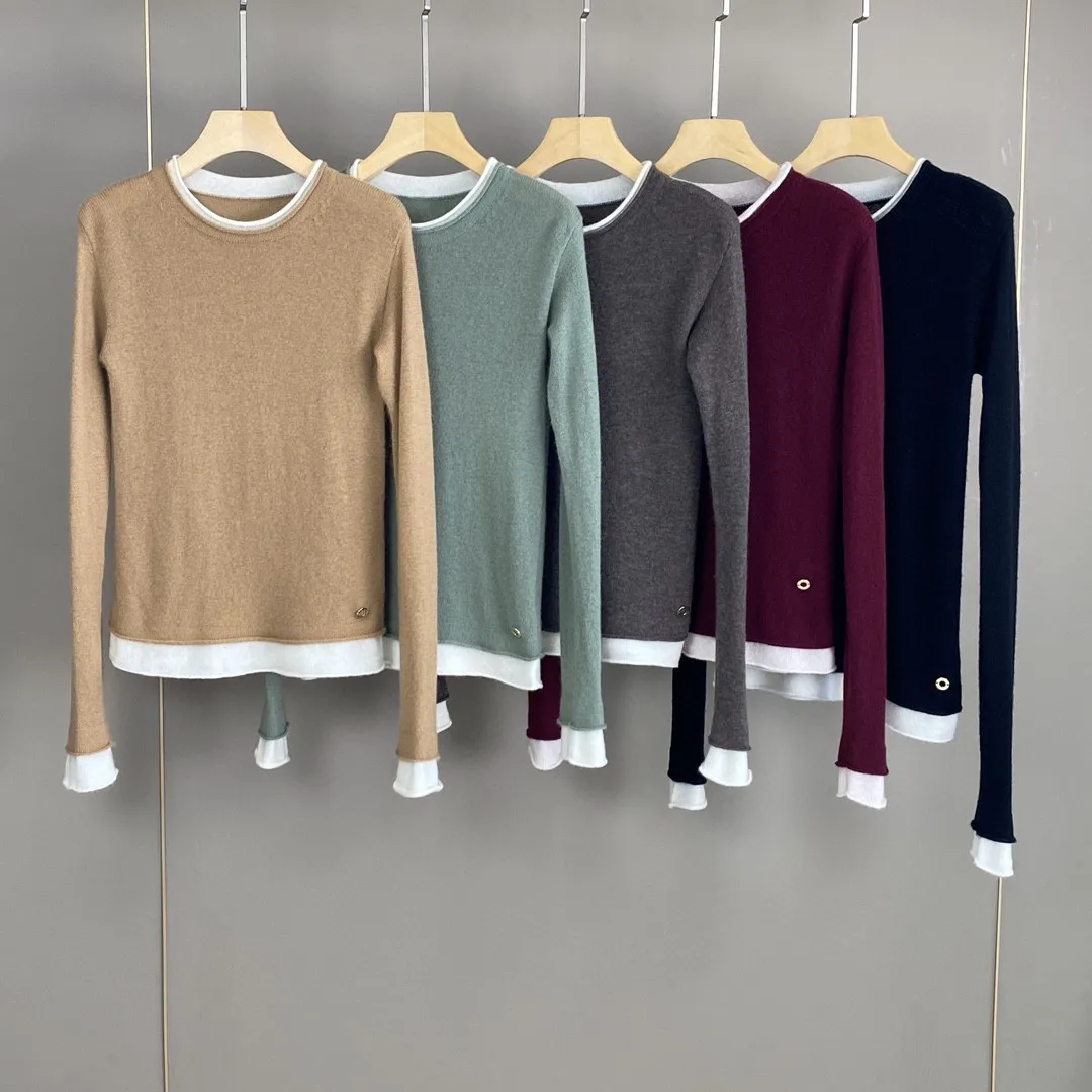 

Women's Cashmere Sweater Fake Two-Piece Contrast Color O-Neck Long-Sleeve Casual Ladies Knitted Pullover