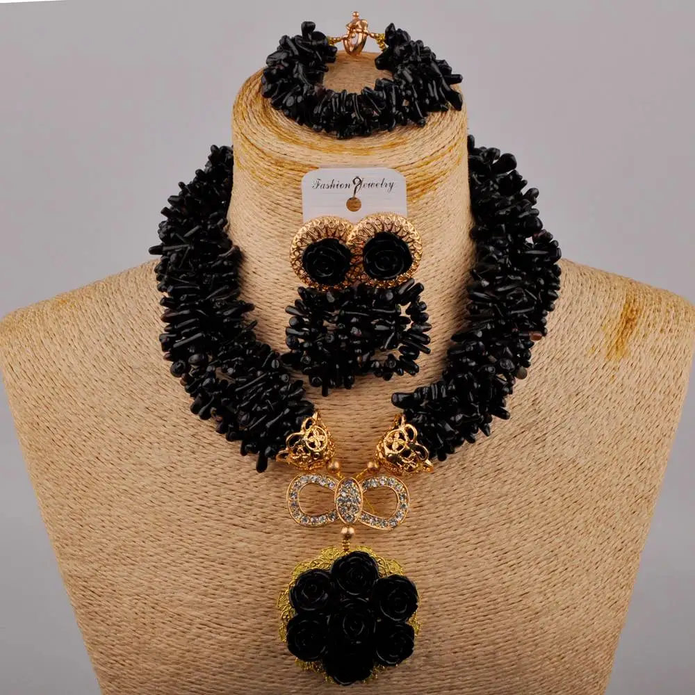 

Classic Black Coral Gravel Necklace Nigerian Bridesmaid Wedding Beads African Birthday Party Wedding Jewelry Set AU-718