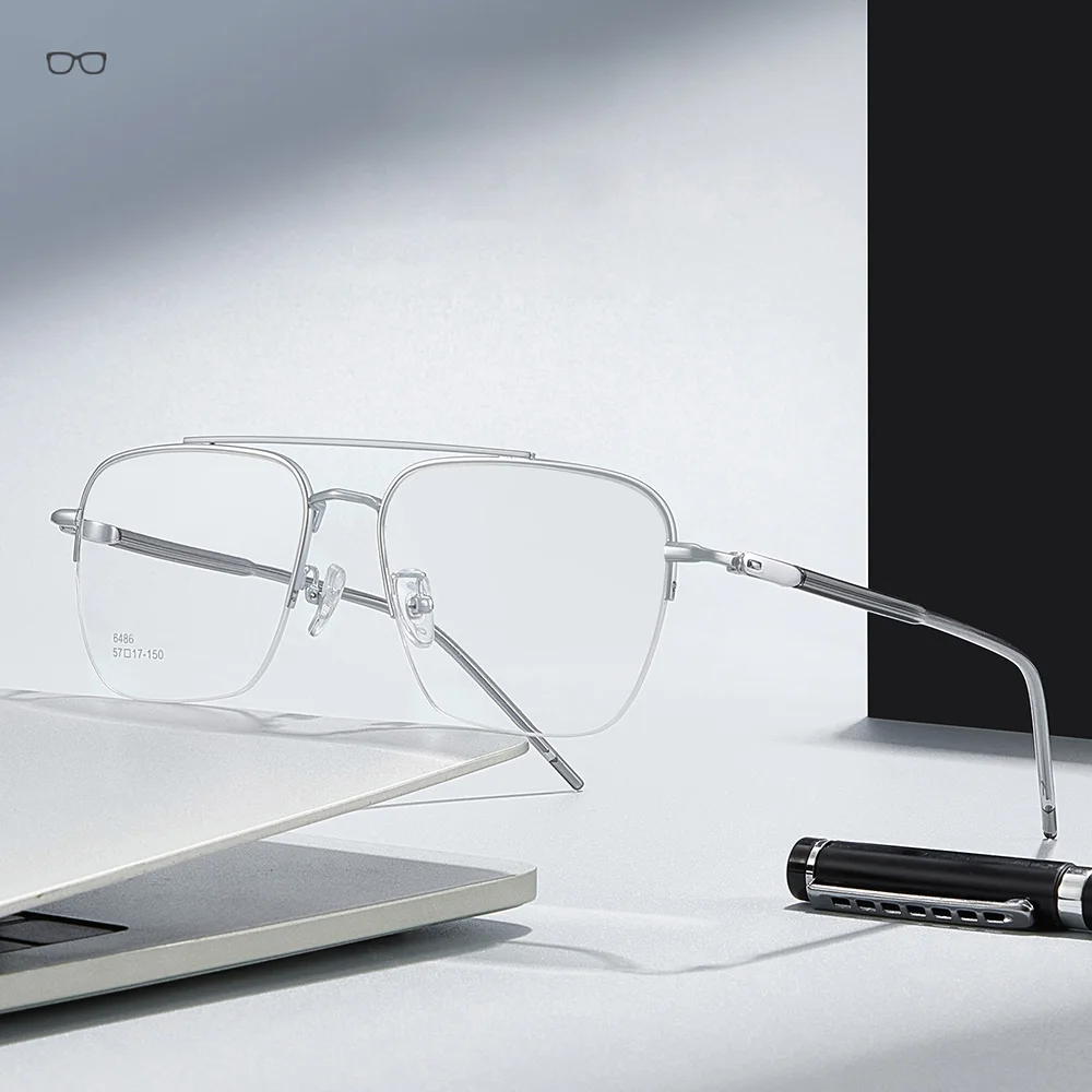 Classic Retro Semi-Rimless Titanium Alloy Men's Optical Glasses Frame Anti-Slip Legs Ultralight Eyewear 6486