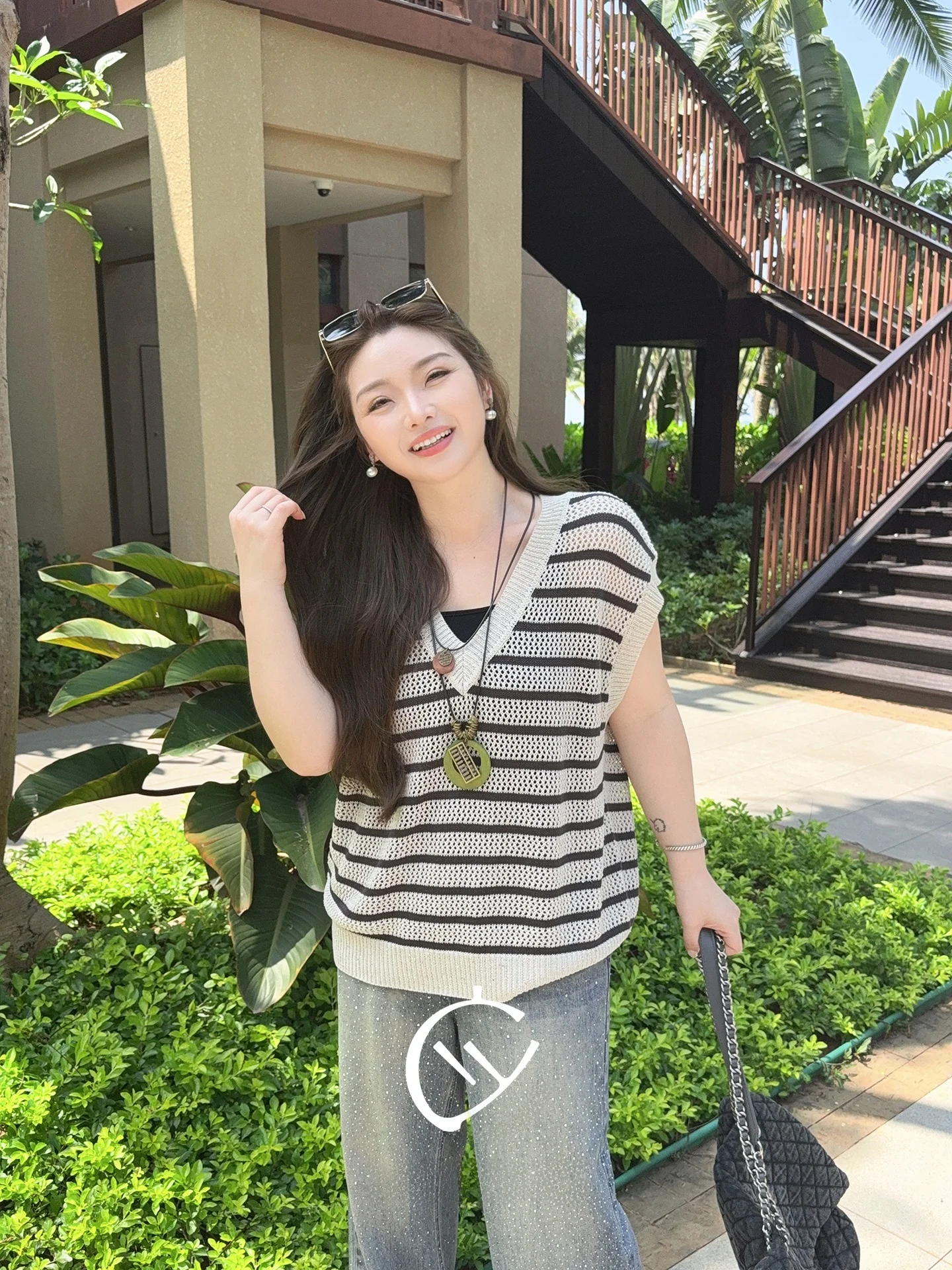 

Large Size Women's Knitted Vest Hollow out Striped Black Label Top Layered Clothing Commute Style Loose Fit Spring Season