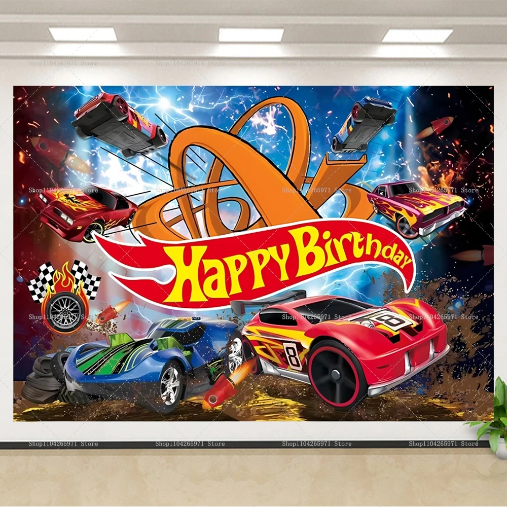 Hot Wheels Race Car Happy Birthday Backdrop Banner Speed Car Theme Kids Boys Birthday Party Decor Photo Background Supplies - Detail 1