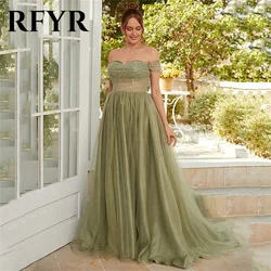 RFYR Shiny Sage Green Evening Dresses A-Line Prom Dresses Off The Shoulder Vestidos De Noche Pleat Sweetheart Party Dresses