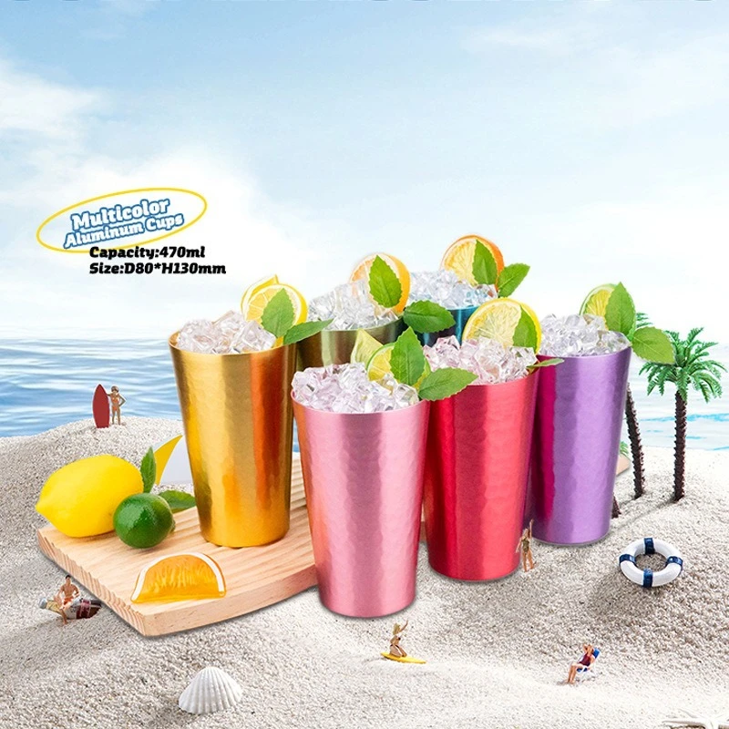 6PCS Colorful Hammered Aluminum Cups with Gift Box–Reusable Metal Tumblers for Cold Drinks, Juice, Wine–Cheers To Life Design