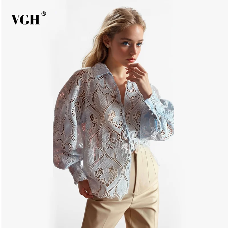 VGH Hollow Out Embroidery Casual Blouses For Women Lapel Long Sleeve Patchwork Single Breasted Shirts Female Fashion Style New