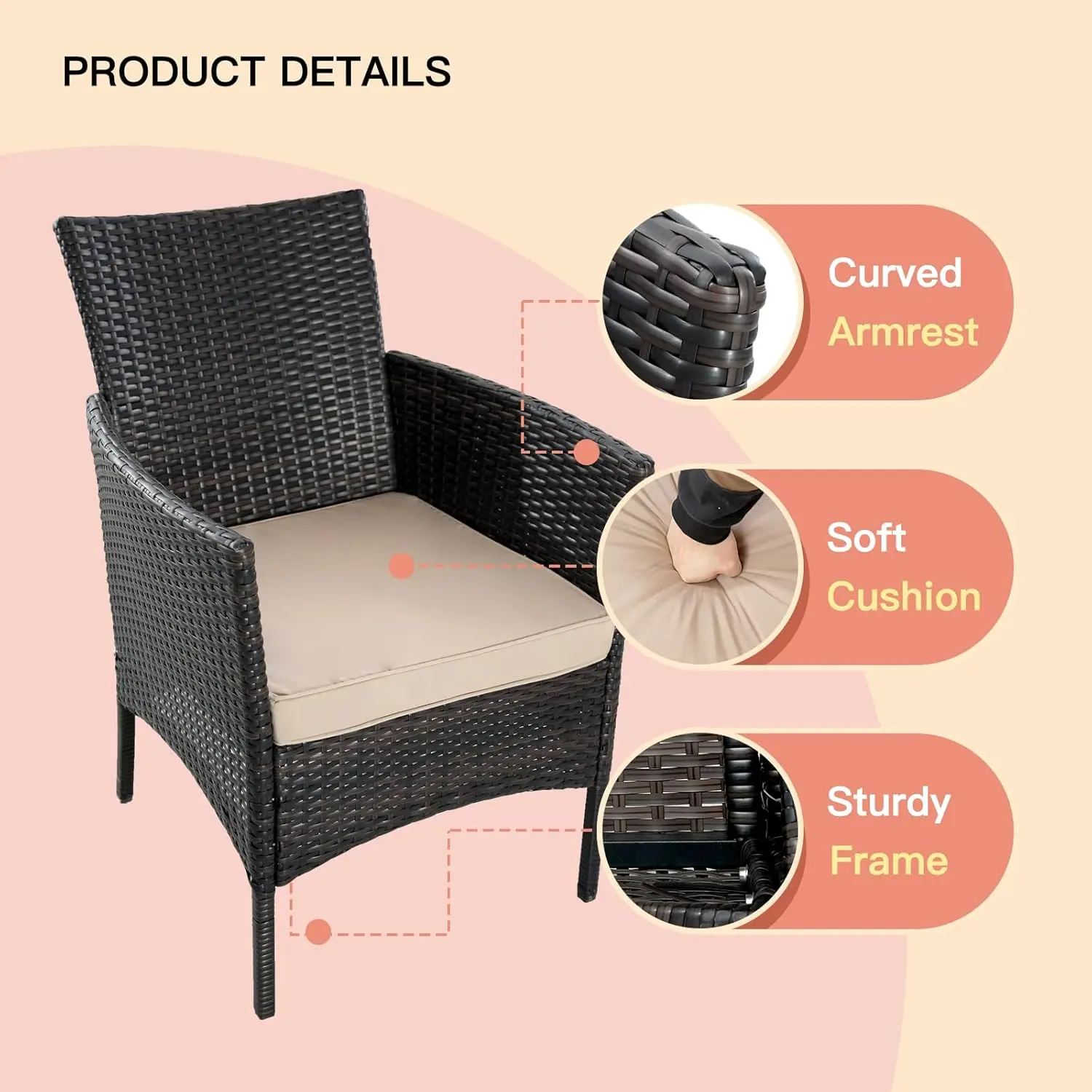 Pátio PE Rattan Wicker Chairs e Coffee Table Set, Mobília do pátio, Bistro Conversa Set com Almofada, Vidro, Varanda, Gramado, Jardim