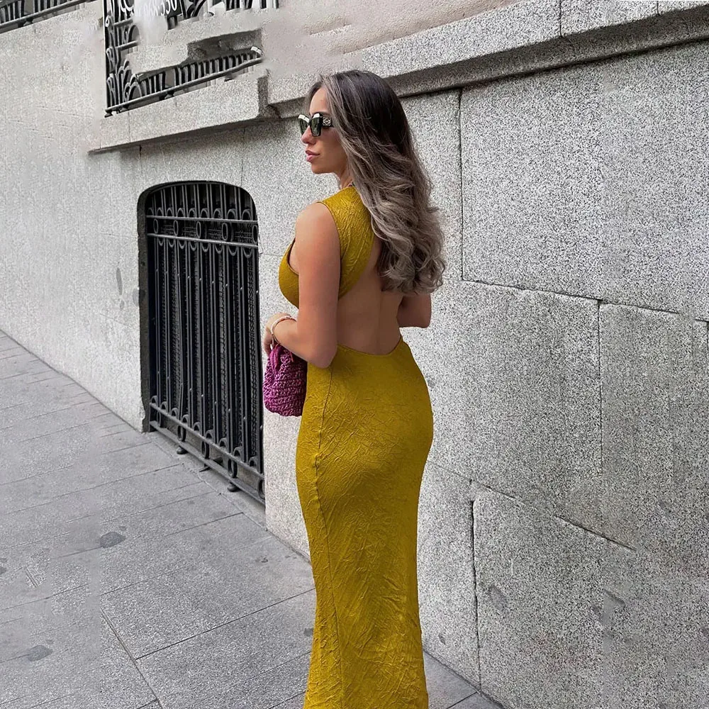

Pleated Decoration Backless Midi Dress Woman Sleeveless Long Dresses For Women 2024 New Dresses Sexy Party Dresses