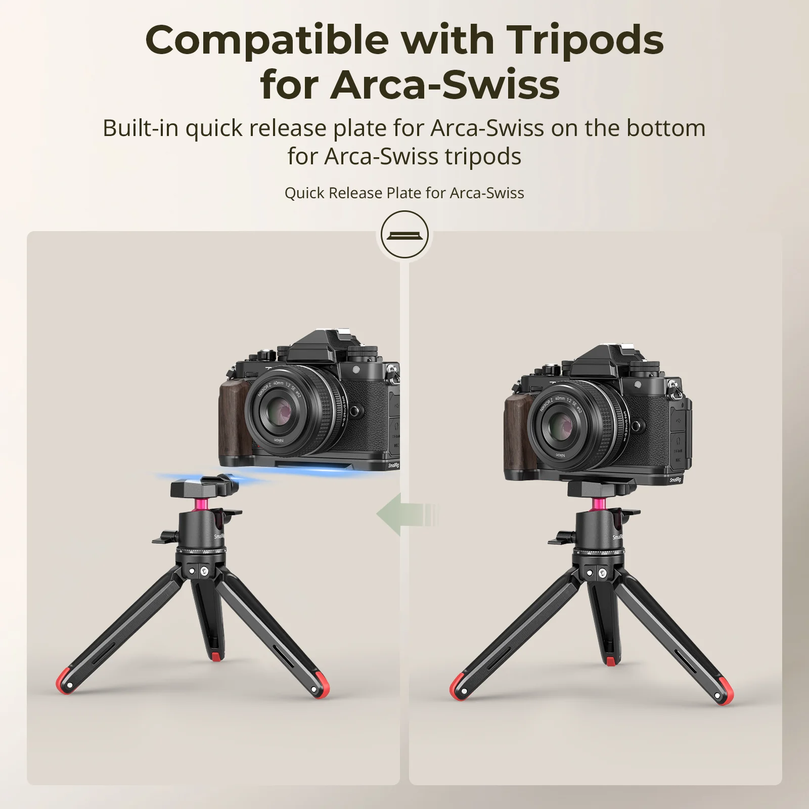 لوحة تثبيت على شكل حرف L من SmallRig Z f مع مقبض خشبي لنيكون Z f مع لوحة تحرير سريعة من Arca-Swiss لحوامل ثلاثية من النوع Arca 4801