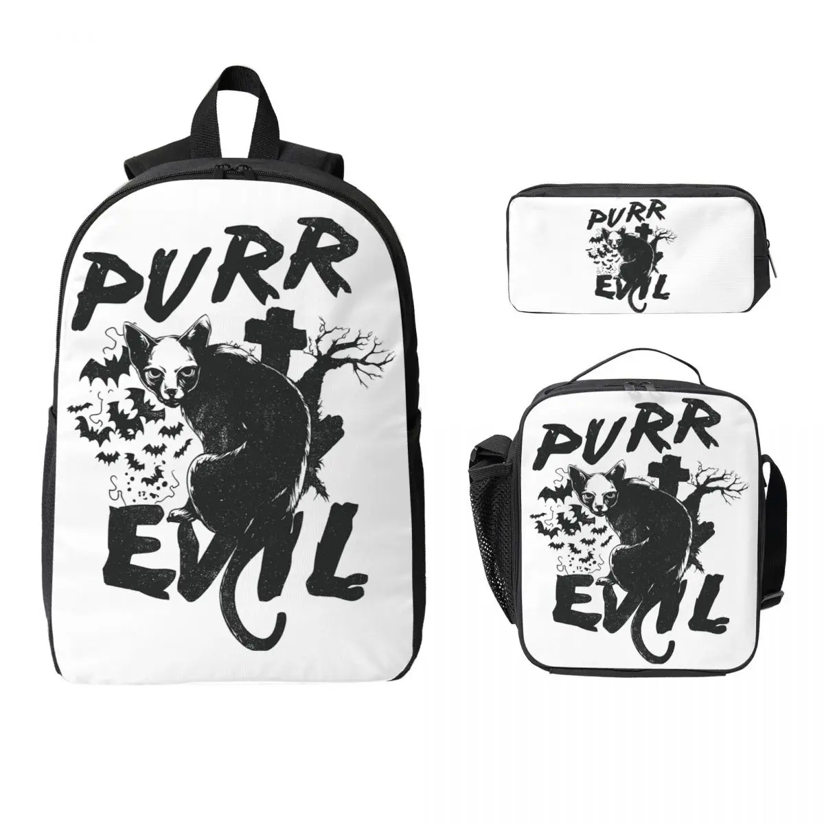 Purr Evil Backpack Boys Girls BookBag School Bag Computer Shoulder Bags 3ps Insulated Lunch Bag Pencil Case
