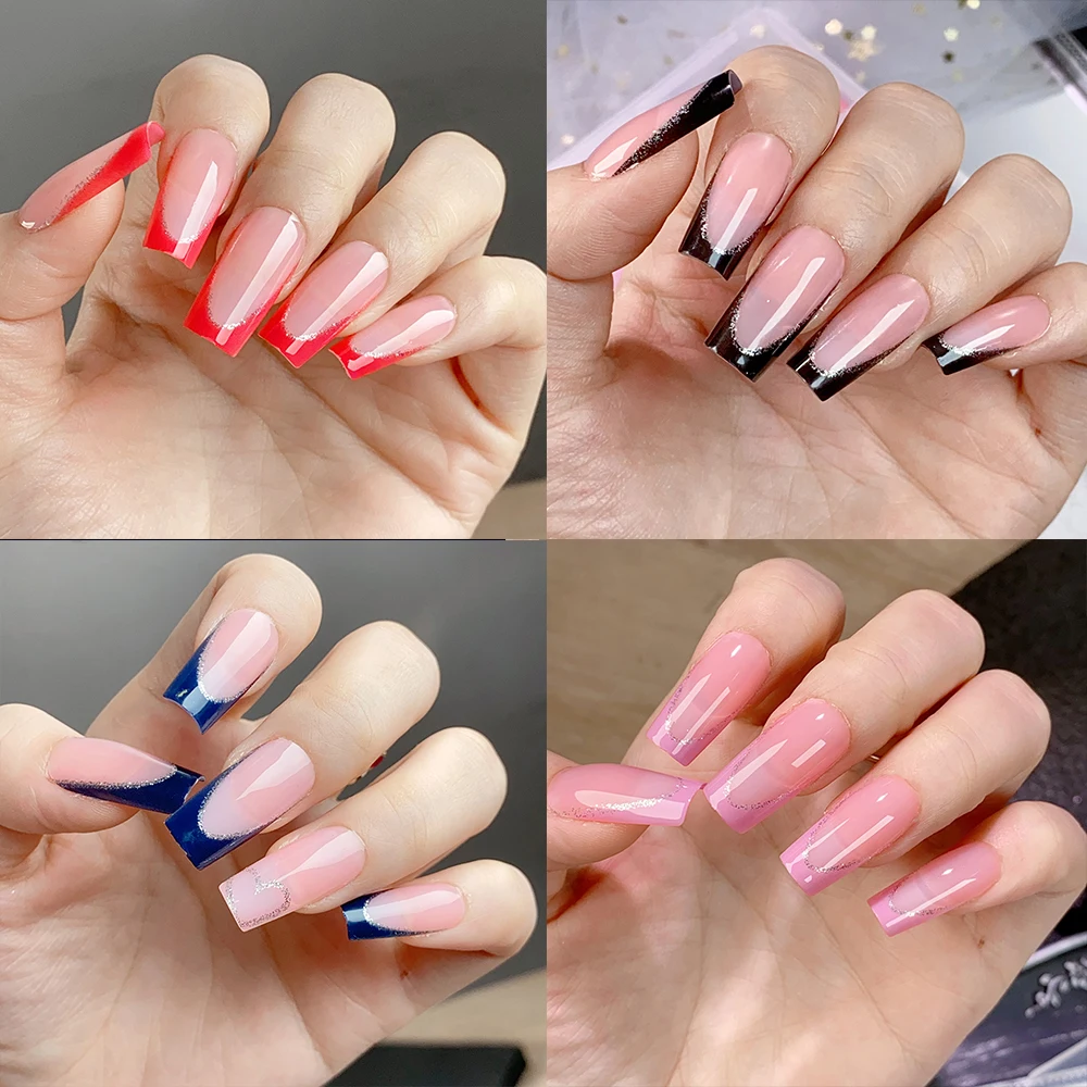 4color Medium Coffin French Fake Nails Black Red With Silver Glitter Full Cover False Nails Mixed Acrylic 96pcs Press On Nails