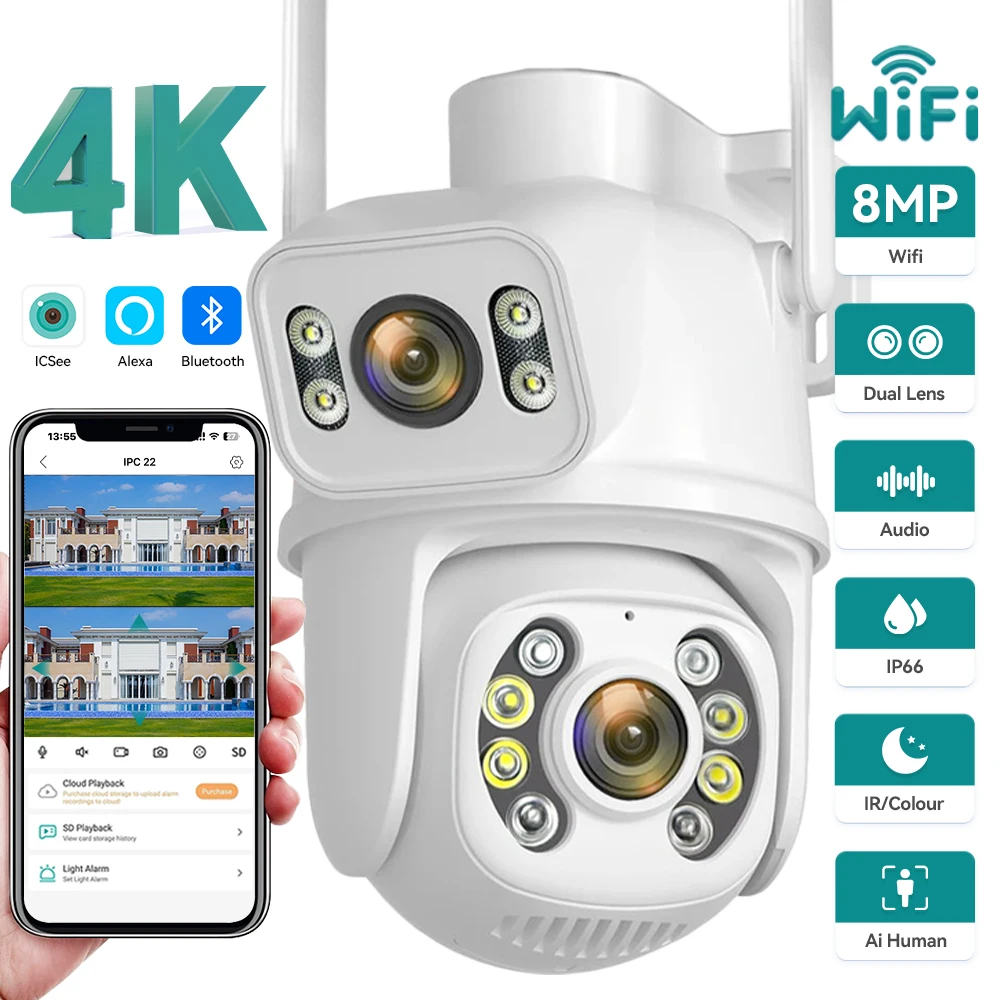 8MP 4K WIFI IP Camera PTZ Dual Lens with Dual Screen Ai Human Detect Night Vision Outdoor Wifi Surveillance Camera ICsee