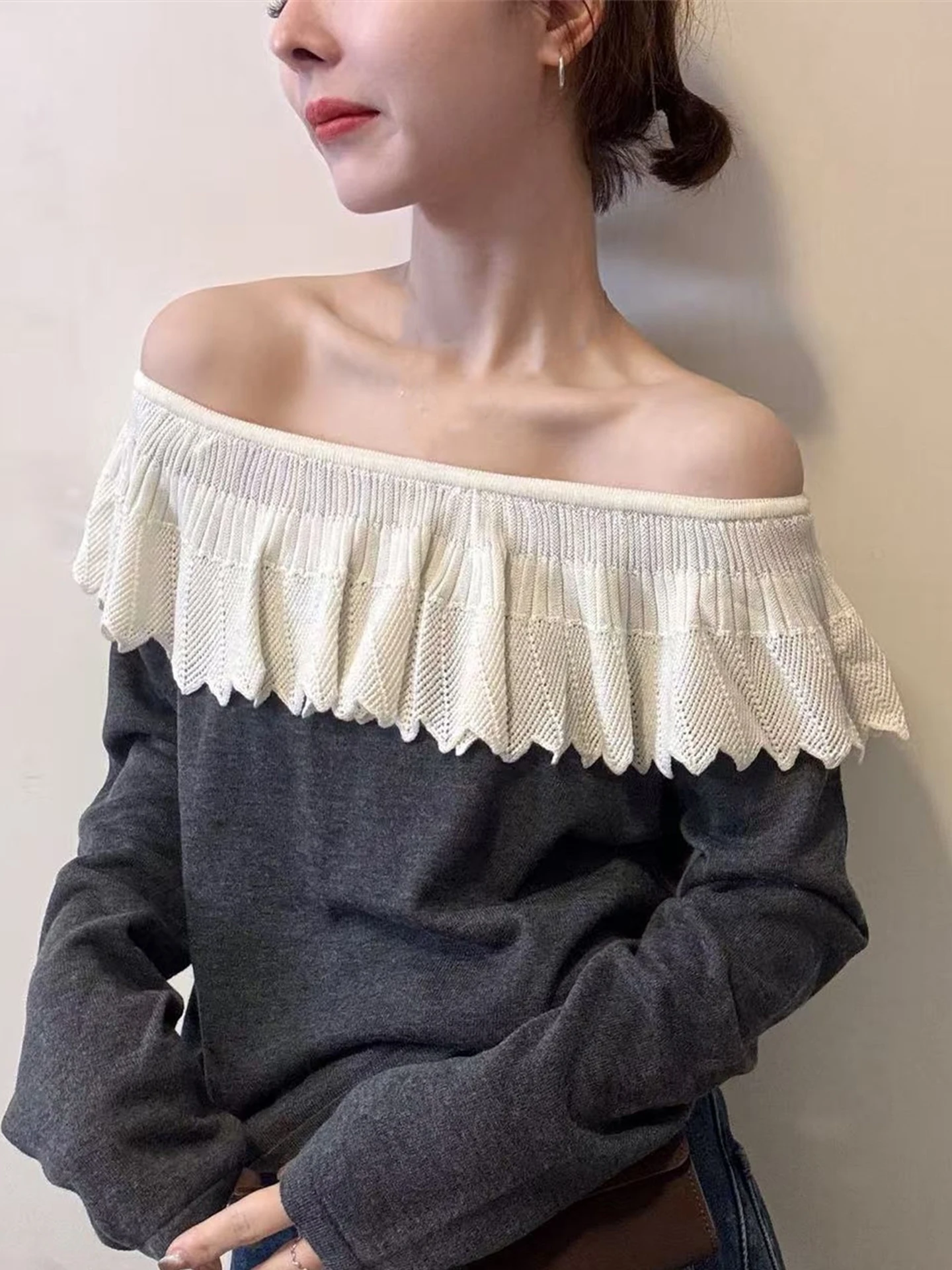 

Ele Long Sve Knitted Base irt Women's Breathable oulder Exposure Embellied Hemline Comfortable Korean Sle Ca...