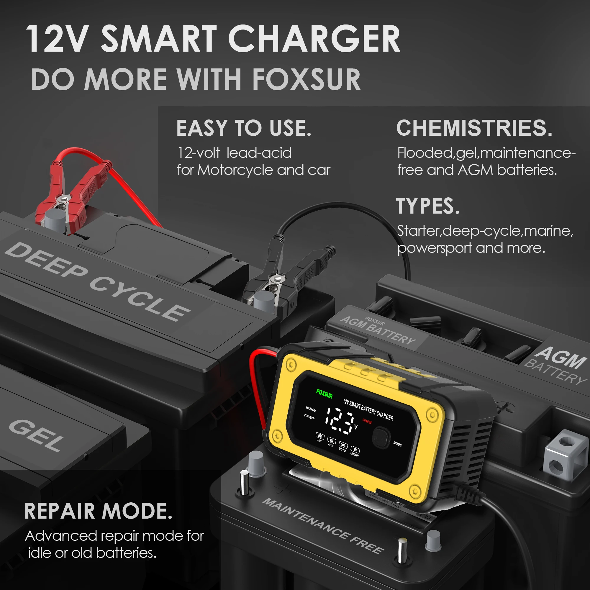 FOXSUR 12V6A intelligence Car Battery Charger LCD Display Pulse Repair AGM Deep Cycle  Auto Motorcycle Lead-Acid Battery Charger