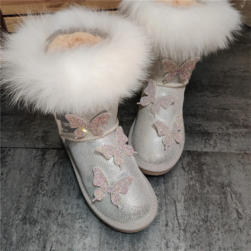 Natural fox hair silver-white mid-tube rhinoceros fur one thick warm non-slip snow boots large size women's cotton shoes 35-44