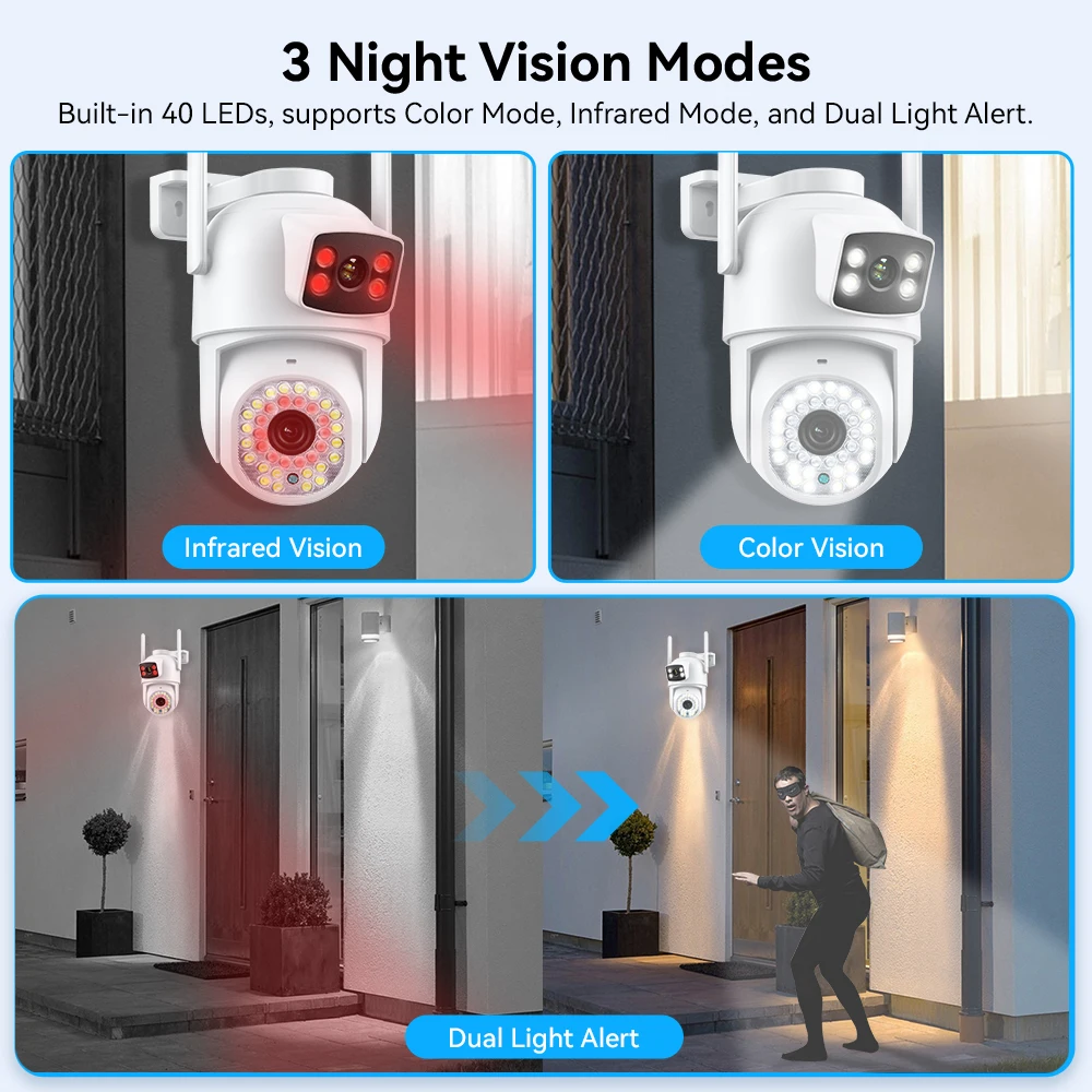 8MP WIFI IP Camera 4K Wireless Outdoor PTZ Dual Lens With Dual Screen Ai Human Auto Tracking Color Nightvision ICSEE P2P