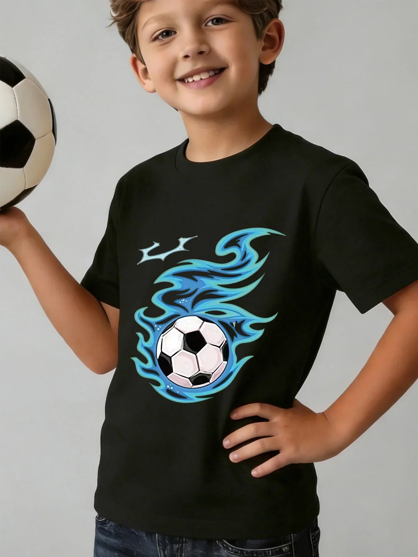 Vibrant Blue Fire Wrapped Football Print Short Sleeve T Shirt Black Sport Lover Pattern Children Daily Top
