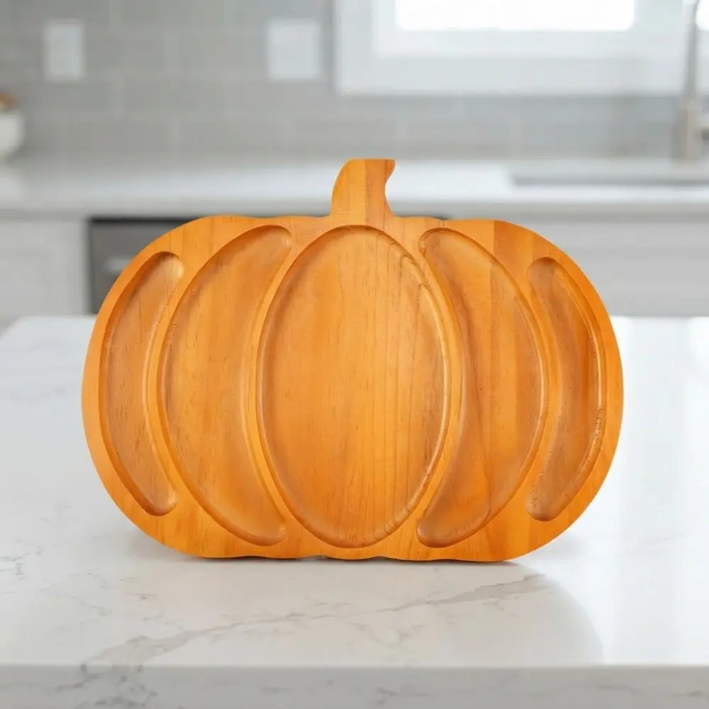 Wooden Halloween Pumpkin Snack Tray 5 Grid with Compartment Nut Platter Sturdy Drop-resistant Charcuterie Board Parties