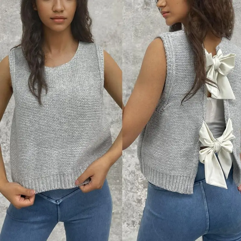 2025Women's Ort Weste Cardigan Pullover Baumwolle gestrickt vorne offen Knoten Design Farbe