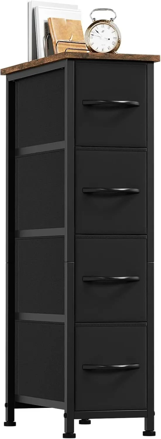 

Тонкий комод с 4 ящиками для небольших помещений, съемные тканевые ящики, черный рустикально-коричневый верх