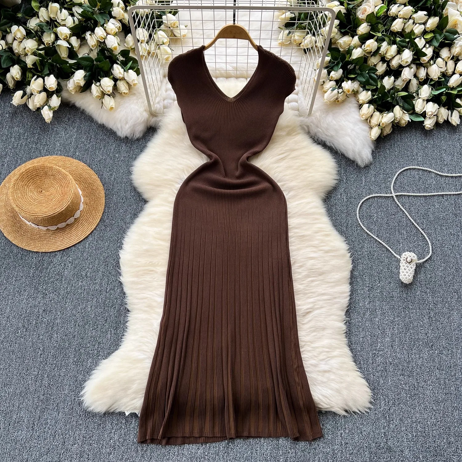YuooMuoo Casual Comfy Knitted Long Dress Women Summer V-neck Elastic Solid Mermaid Dress Fashion Office Lady Korean Knit Bodycon