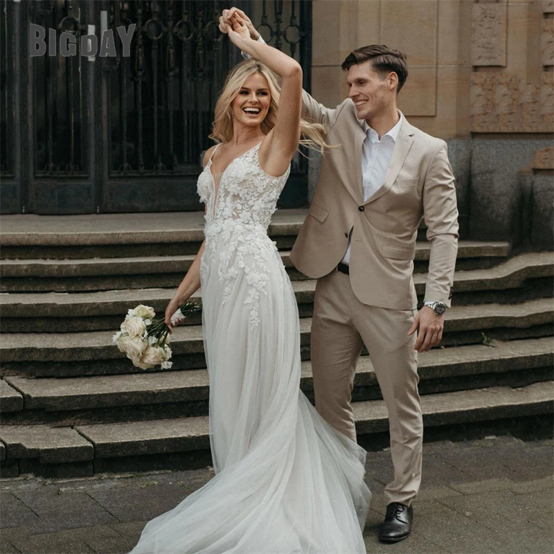 Robe de Mariée Trapèze en Dentelle pour Femme, Col en V, Dos aux, Bretelles Spaghetti, Tulle, Patients, Quelle que soit la Traîne, Élégante, Éducative, 2024