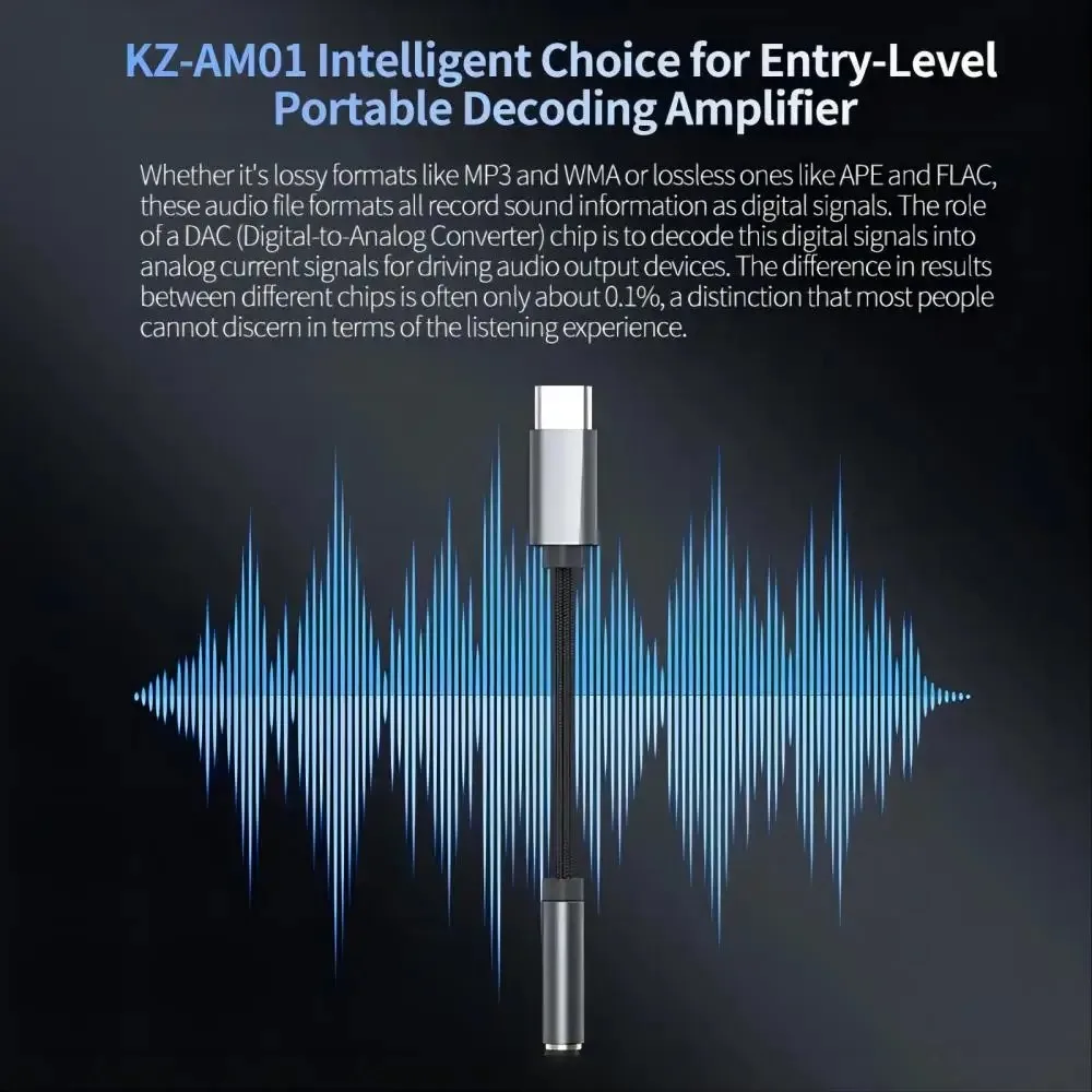 KZ AM01 Type-C To 3.5mm Audio Adapter 32bit/384kHz Hi-Fi DAC + IC Amplifier Dual Chip Earphone Audio Cable