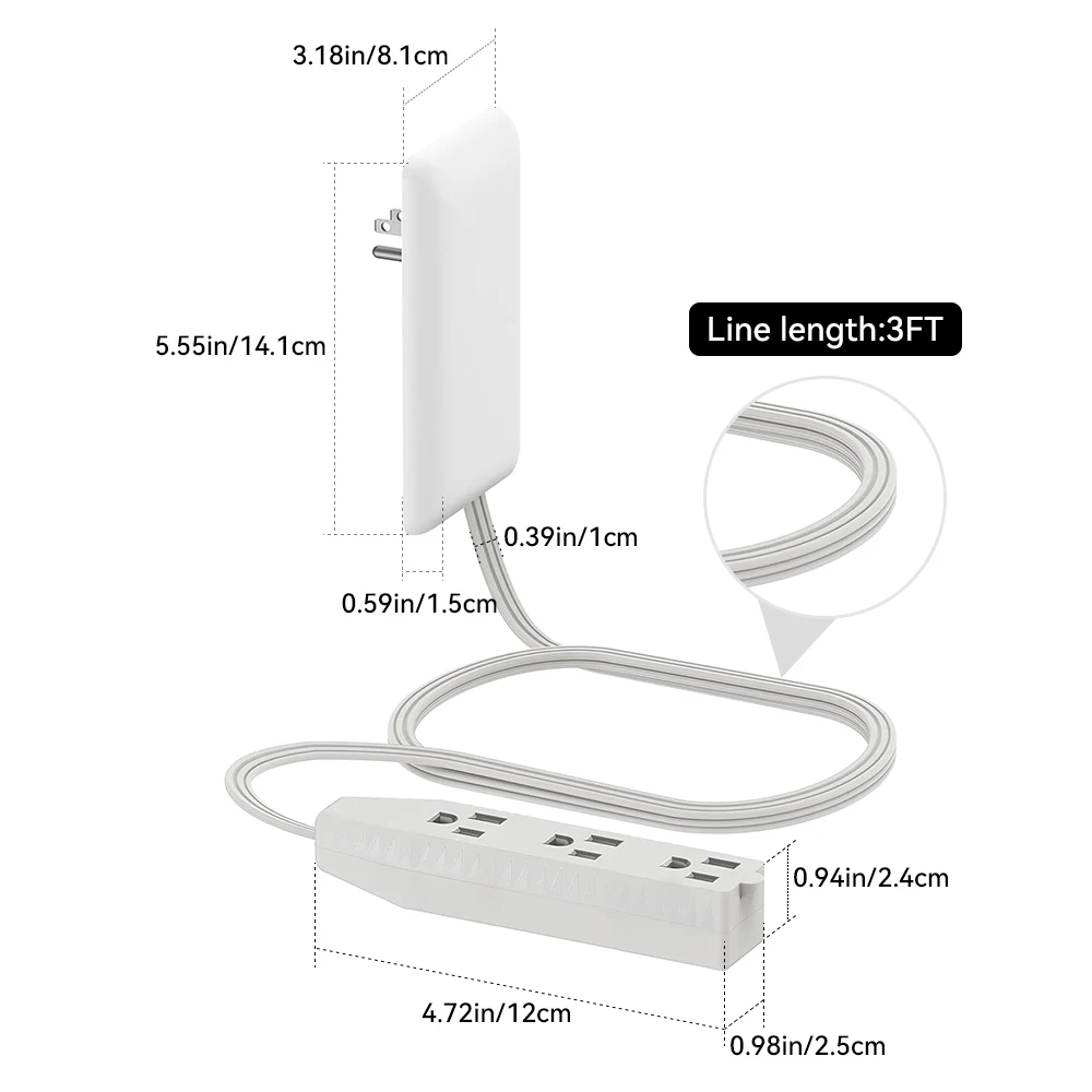 Cord Extender and 3 Outlet Power Strip with Power Cover ,3 Receptacles,3FT,Ultra-Thin Wall Plate Plug with for Home Appliance