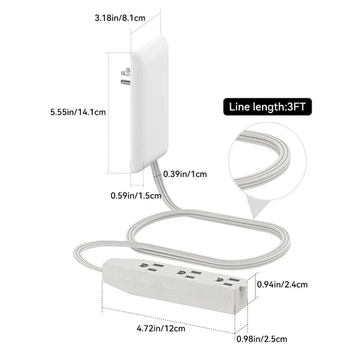 Imagen 2 del producto Extensor de salida de cara plana con 3 receptáculos, enchufe de placa de pared ultrafino con extensor de cable y regleta de alimentación de 3 salidas, 1600 W, 125 V