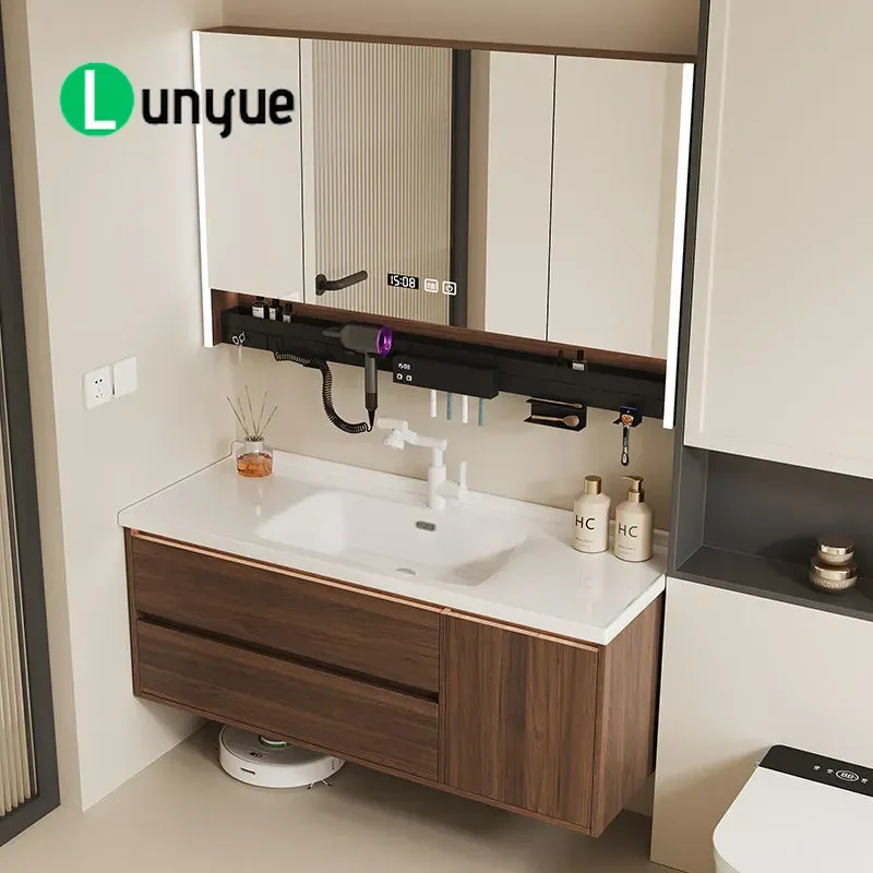 Medieval Style Walnut Bathroom Cabinet with Ceramic Integrated Basin Wash Basin Vanity Unit for Home Bathroom Storage