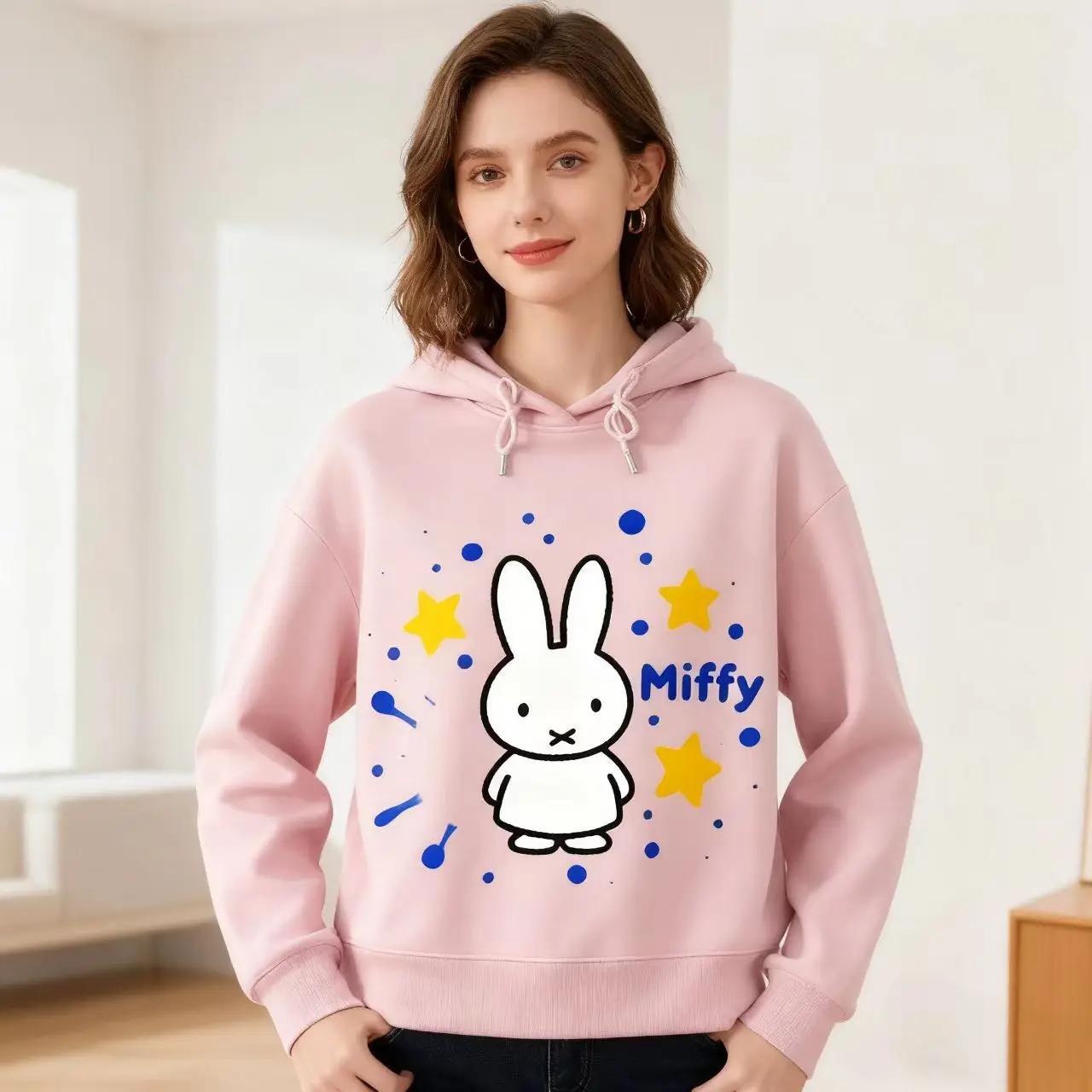 Nw Miffy-Jersey con capucha para hombre y mujer, camisa deportiva holgada de manga larga con estampado de dibujos animados Kawaii, suave y transpirable