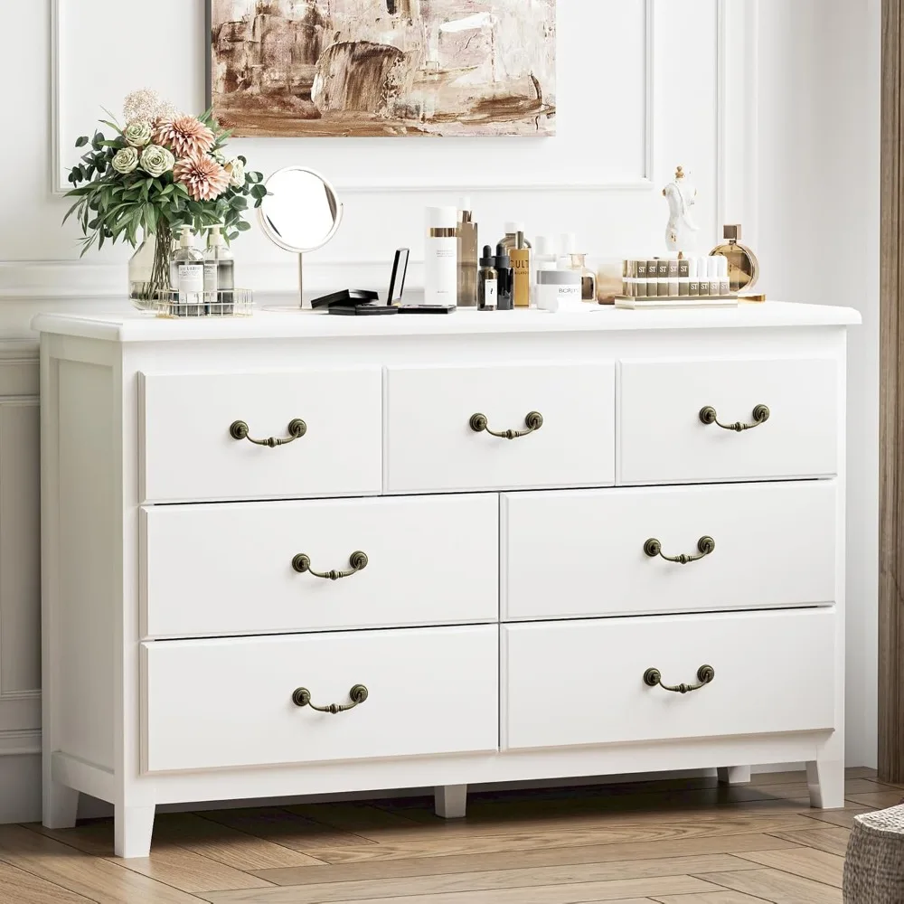 

Dresser for Bedroom, Modern 7 Drawer Double Dresser with Vintage Gold Antique Handles, Chest of Drawers for Bedroom