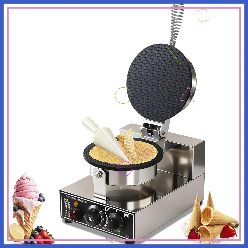 110V Commercial Waffle Cone Maker 1300W Electric Ice Cream Cone Baker, Non-Stick, Temp & Time Control for Restaurants