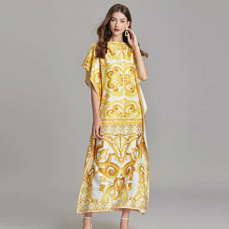 TRAF Summer Runway Vacation Yellow and White Porcelain Print Long Loose Women\'s Batwing Sleeve Side Split Maxi Kaftans Dresses