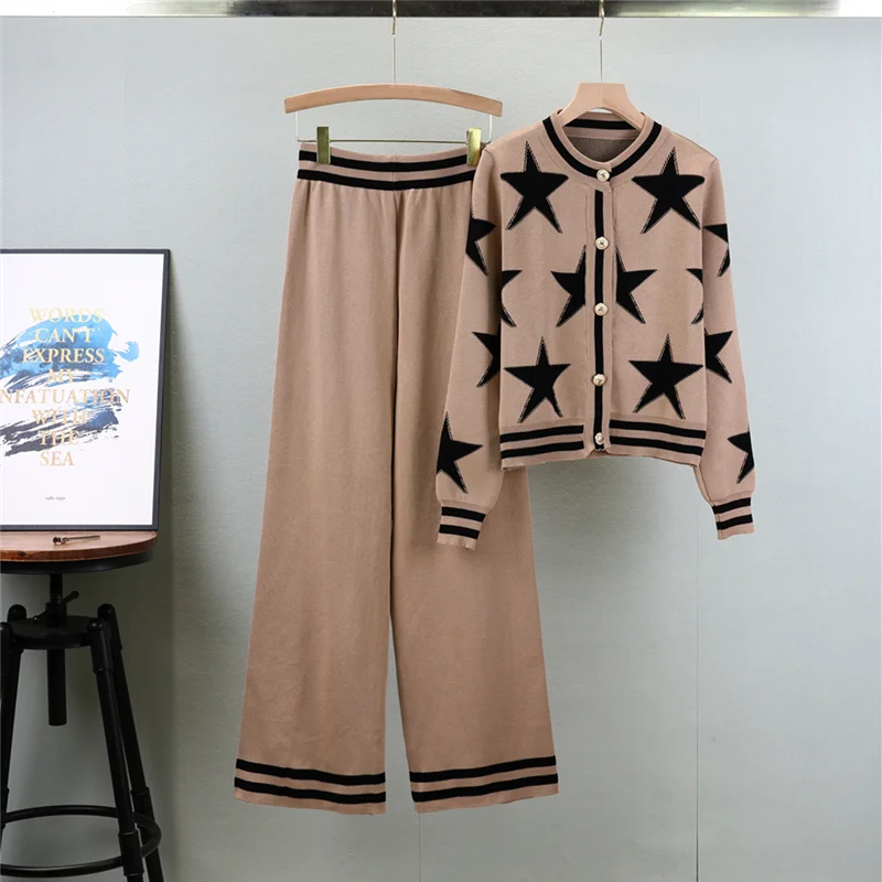 Korean Autumn Knitted Pants 2 Piece Set Fashion Long Sleeve O Neck Short Cardigan Casual Elegantes Wide Leg Pantalones Outfits
