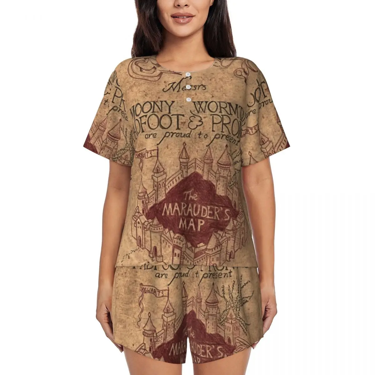 

Womens Marauders Magic Map Pajamas Set Custom Print Short Sleeve Sleepwear Loungewear Pjs 2 Piece Sets