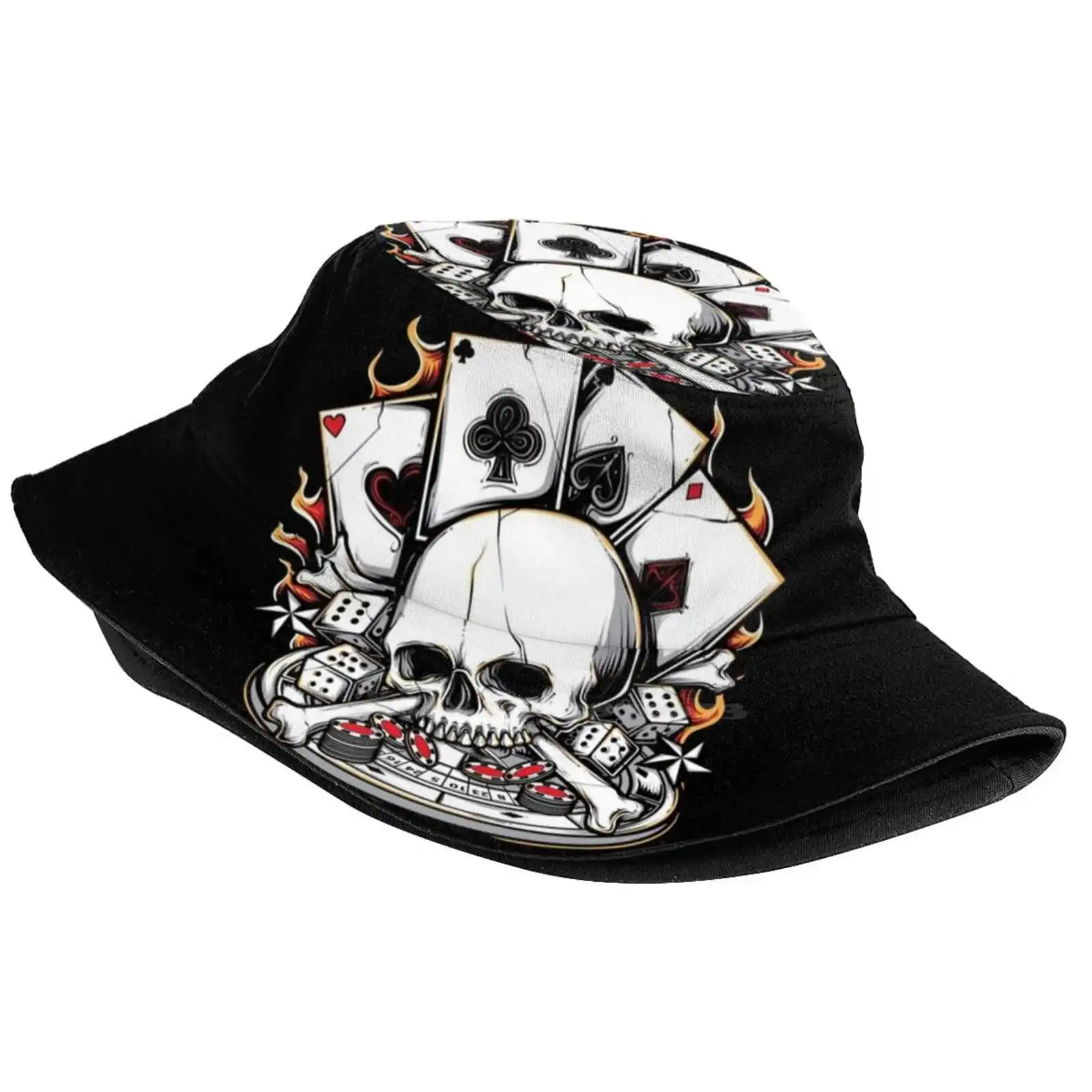 The Gambler Bucket Hat Beach Tourism Hats Breathable Sun Cap Repus Skull Dice Casino Gambling Poker Chips Stars Aces Hearts