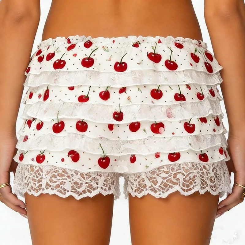 Micro shorts femininos com estampa de cereja fofa Y2k com babados em camadas Bloomer Shorts de cintura baixa com bainha de renda Calças de pijama